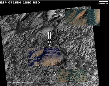 Close view of top of image of Danielson. Arrows indicate parts that are enlarged.