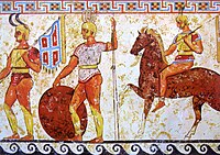 Affresco di una tomba sannitica rinvenuta a Nola presente oggi al Museo Archeologico Nazionale di Napoli. Viene mostrato il ritorno di pittoreschi guerrieri sanniti dalla battaglia: 2 fanti a piedi e un fante a cavallo.