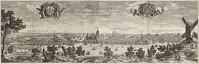 Stockholm enligt tryck år 1693. Panorama från öst (till vänster) och från väst.