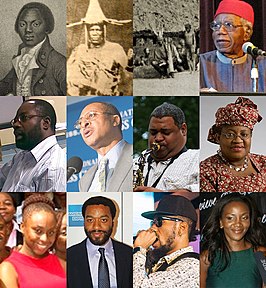 Olaudah Equiano, Jaja van Opobo, Eze Nri Òbalíke, Chinua Achebe, Philip Emeagwali, Patrick Utomi, Chris Abani, Ngozi Okonjo-Iweala, Chimamanda Ngozi Adichie, Chiwetel Ejiofor, Phyno, Genevieve Nnaji