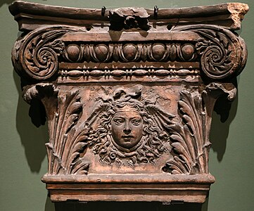 Renaissance Composite pilaster capital with a gorgon mascaron, by a Florentine pupil of Verrocchio active in Rome, perhaps Michele Marini da Fiesole, c.1485-1495, terracotta, Museo di Roma, Rome