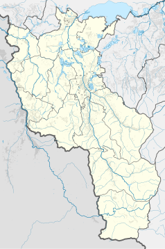 Mapa konturowa powiatu cieszyńskiego, blisko górnej krawiędzi znajduje się punkt z opisem „Zabłocie”