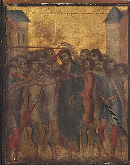 Cimabue, Tafelbild mit der Verspottung Christi, Tempera-Farbe und Gold auf Holz, ca. 1280, Musée du Louvre, Paris