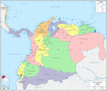 Departamentos de la Gran Colombia en 1826.