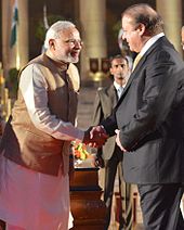 (L-R) President of India Pranab Mukherjee, Prime Minister of India Narendra Modi, Prime Minister of Pakistan Nawaz Sharif and Prime Minister of Mauritius, Navin Ramgoolam.