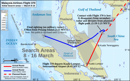 Map of southeast Asia with flight path and planned flight path of Flight 370 in the foreground. The search areas are depicted in a transparent grey colour. Search areas include the South China Sea and Gulf of Thailand near the location where Flight 370 disappeared from secondary radar, a rectangular area over the Malay Peninsula, and a region that covers roughly half of the Strait of Malacca and Andaman Sea.