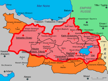 Carte administrative de l'est de la Turquie à l'époque de la fin de l'Empire ottoman, affichant notamment les principales localités.