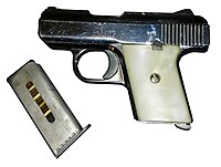 Raven MP-25 .25 ACP chrome with faux mother of pearl grips and push up safety