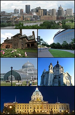 Clockwise from the top: Downtown Saint Paul as seen from Harriet Island, the Xcel Energy Center, the Saint Paul Cathedral, the Minnesota State Capitol, the Como Park Zoo and Conservatory, Marjorie McNeely Conservatory, and the historic James J. Hill House