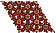 View down the c-axis of taranakite (four unit cells visible). Aluminum is shown in grey, phosphorous purple, oxygen red, and potassium green. Structural parameters taken from http://rruff.geo.arizona.edu/AMS/minerals/Taranakite (based on S. Dick, U. Goßner, A. Weiß, C. Robl, G. Großmann, G. Ohms, T. Zeiske (1998). "Taranakite — the mineral with the longest crystallographic axis". Inorg. Chim. Acta 269 (1): 47–57) doi:10.1016/S0020-1693(97)05781-2