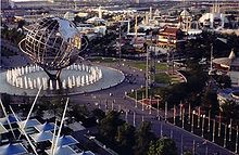 Aerial view of paths during the 1964–1965 World's Fair, with the Unisphere at the end of one path on the left