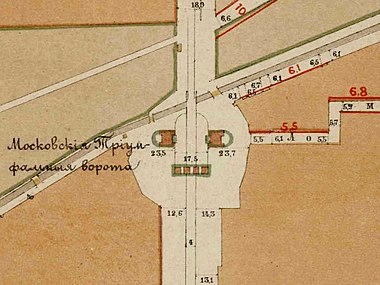 Площадь на плане 1880 года, видны ворота и кордегардии, тонкой линией между ними обозначена ограда
