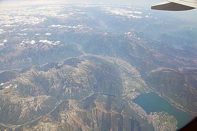 Aerial photograph with mountains and lake Lago Maggiore
