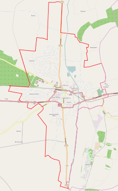 Mapa konturowa Gostynia, w centrum znajduje się punkt z opisem „Gostyń”