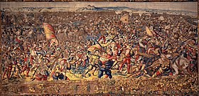 Battaglia di Pavia, al di sotto della scena di combattimento si vede il muro del Parco. Arazzi della battaglia di Pavia (1528-1533), Napoli, Museo di Capodimonte.