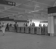 The station concourse and ticket barriers, seen in May 1983.