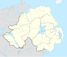 Mapa konturowa Irlandii Północnej, po prawej znajduje się punkt z opisem „Lisburn”