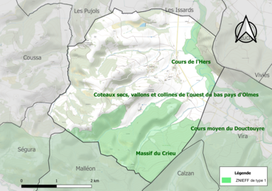 Carte des ZNIEFF de type 1 sur la commune.