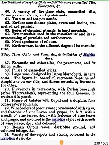 1851 Exhibition Catalogue, Minton Exhibit Numbers 60 to 74. Majolica refers to Renaissance Italian maiolica.