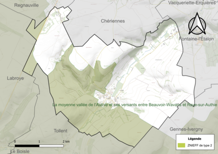 Carte de la ZNIEFF de type 2 sur la commune.