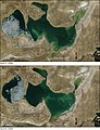 Biển Aral được cải thiện nhờ đập Kokaral, ảnh trên chụp tháng 4/2006, ảnh dưới chụp 04/2005