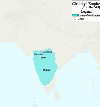 Greatest extent of the Chalukya Empire, 636 AD, 740 AD[1]