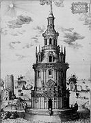 El faro de Louis de Foix con la torre del Príncipe Negro en segundo plano. Grabado de Claude Chastillon (principios de siglo XVII).