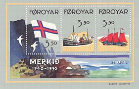 Merkið 50 ár - 50th anniversary of the Faroese flag. (Faroese stamps 1990).