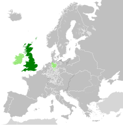 Velika Britanija 1789; Kraljevina Irska in Elektorat Hanover svetlo zeleno