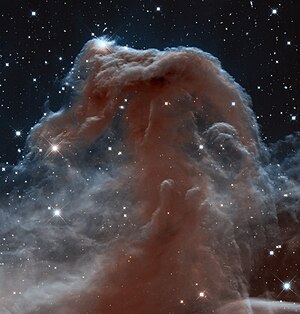 صُورة سديم رأس الحصان مُلتقَطة بواسطة الأشعة تحت الحمراء. تصوير تلسكوپ هابل الفضائي. السديم أكثر وضوحًا في هذه الصُورة من الصور المُلتقَطة بواسطة الضوء المرئي، وأيضًا يمكن رُؤية النُجُوم والمجرَّات المُتواجدة خلف السديم بسهولة