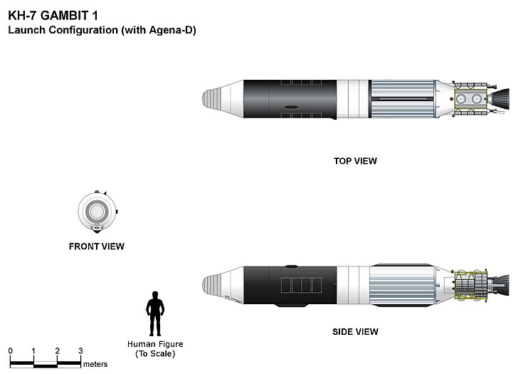 Schéma du KH-7 au lancement avec l'étage Agena qui sera largué une fois en orbite.