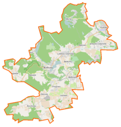 Mapa konturowa gminy Kolbudy, blisko centrum po prawej na dole znajduje się punkt z opisem „Browar Amber”