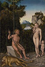 Lucas Cranach l'Ancien, Un faune et sa famille avec un lion mort, vers 1526.