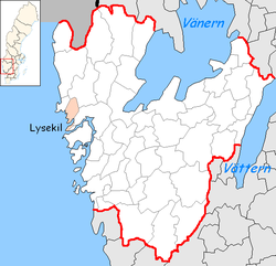Община Люсешил на картата на лен Вестра Йоталанд, Швеция