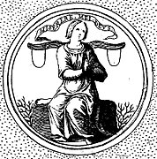Femme assise sur un rocher, les mains jointes, supportant un joug sous le message "Miserere mei deux".