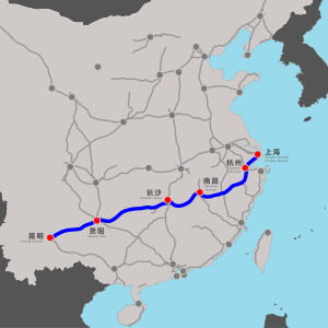A Sanghaj–Kunming nagysebességű vasútvonal útvonala