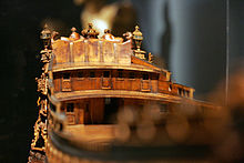 Photograph of a model ship depicting its poop deck