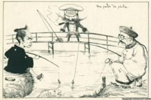 Dessin montrant trois personnages avec des cannes à pêche autour d’une mare : celui au fond est debout sur un ponton porte des moustache exagérément grandes et une casquette sur laquelle est écrit « Russie » ; les deux autres se trouvent de part-et-d’autre de l’avant-plan et portent des costumes traditionnels japonais et chinois.