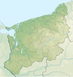 Mapa konturowa województwa zachodniopomorskiego, blisko centrum u góry znajduje się punkt z opisem „źródło”, natomiast u góry znajduje się punkt z opisem „ujście”