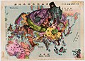 Un mapa del mundo de 1914 en japonés, en tono humorístico que representa a Rusia como un gran oso.