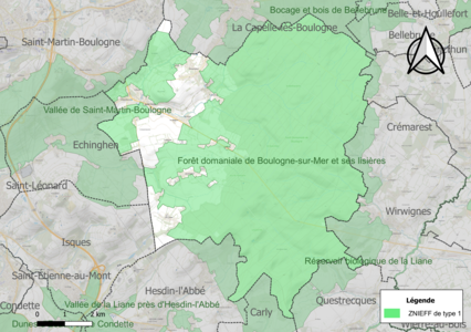 Carte des ZNIEFF de type 1 sur la commune.