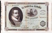 Billete del Banco de España (1878) dedicado a Cervantes, grabado por Navarrete.