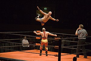Photograph of a wrestler in mid-air with arms out, preparing to land on the wrestler below