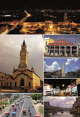 Từ trên xuống theo chiều kim đồng hồ: Iquitos vào đêm; Iron House; kiến trúc tối giản của khán trường St. Augustine; trung tâm thương mại Jiron Prospero; Đại lộ Aquatic trong khu vực nổi tiếng Bethlehem; Đại lộ Abelardo Quiñones và phương tiện giao thông xe thồ; và nhà thờ Iquitos.