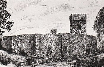 Gravure de l'ancien château de Vénissieux. Le donjon servit de base à la tour de l'église Saint-Germain et le rempart est devenu la rue du Château.