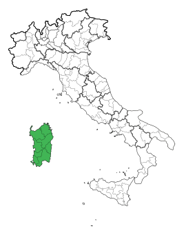 Mapa zvýrazňujúca polohu regiónu Sardínia v Taliansku