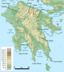 Mapa topográfico del Peloponeso, con algunos de sus principales accidentes geográficos.