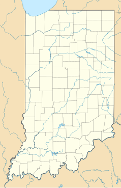 Mapa konturowa Indiany, po prawej nieco u góry znajduje się punkt z opisem „Marion”