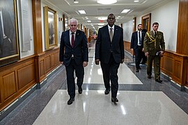 United States Secretary of Defense Lloyd Austin greets Lithuanian Defense Minister Arvydas Anusauskas for a bilateral exchange at the Pentagon on March 5, 2024 - 5.jpg