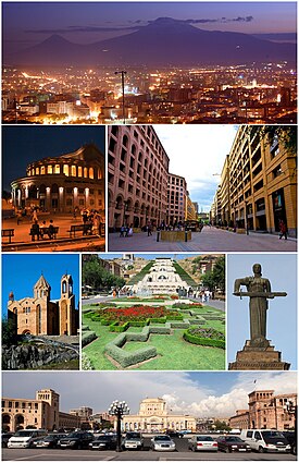 Yerevan City landmarks Yerevan skyline with Mount Ararat Yerevan Opera Theater • the Northern Avenue Saint Sarkis Cathedral • Yerevan Cascade • Mother Armenia the Republic Square